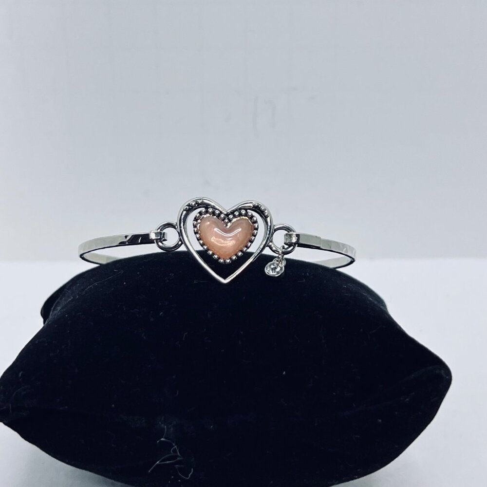 Silver Tone Bangle Bracelet With Pink Heart & Small Charm Detail (5790) - Picture 1 of 3
